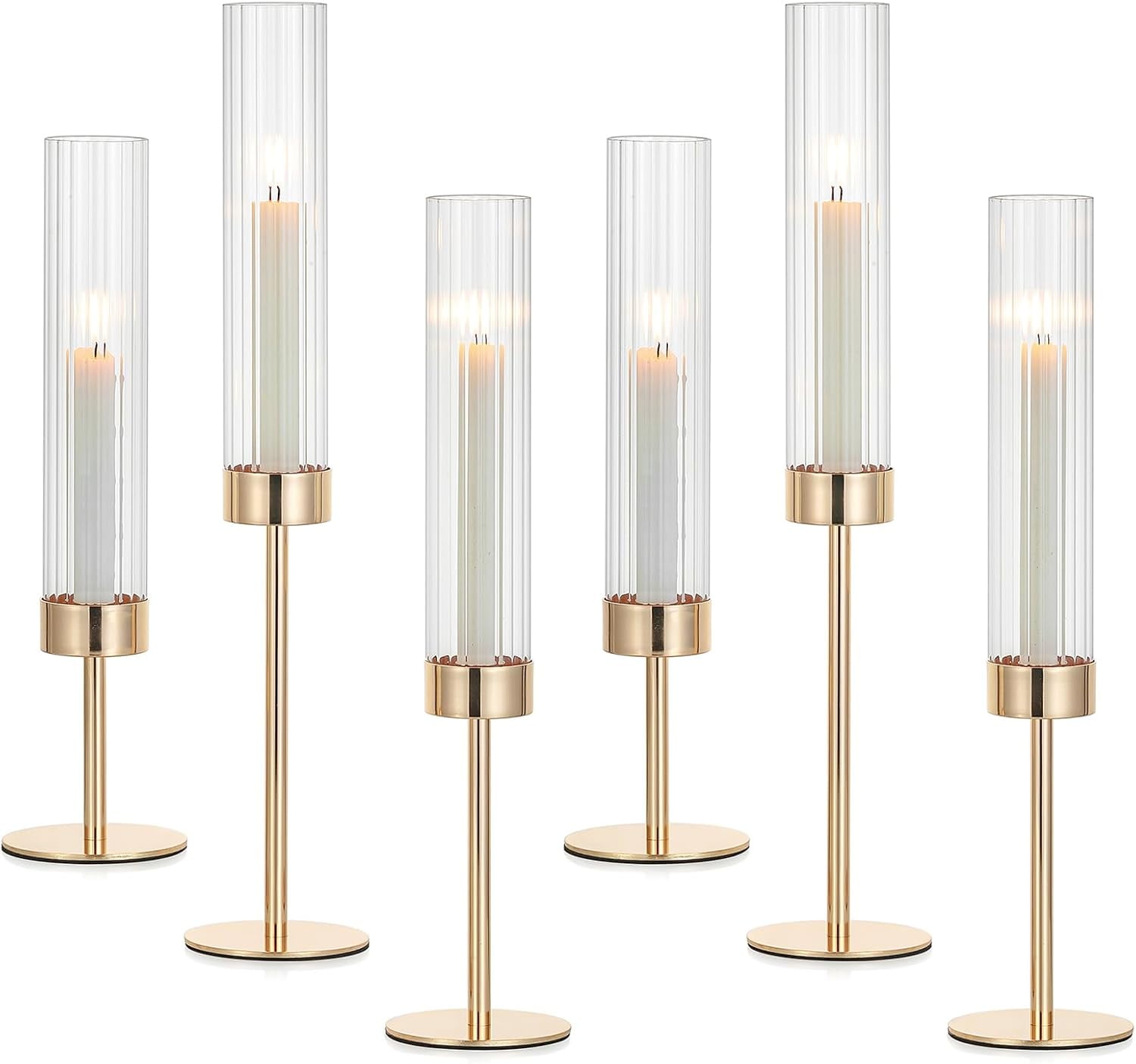 Gold Taper Candle Holders: Candlestick Holders Set of 6 Hurricane Glass ...
