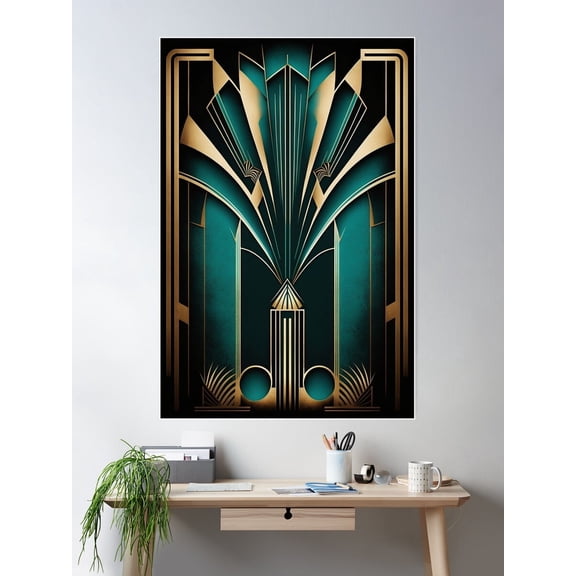 Gold Teal Art Deco Poster, 8x12 UNFRAMED