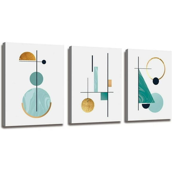 Gold and Teal Geometry Decor Abstract Wall Art Modern 3 Pieces Stretched Canvas Wooden Framed Artwork HD Canvas Prints Wall Art for Living Room Bedroom Office Bathroom Wall Decor Size: 12"x16"x3