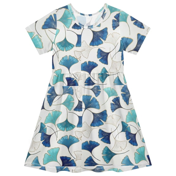 Gold Teal Ginkgo Leaves Short Sleeve Dress A-Line Cute Midi Casual Sundress 2-8 Years