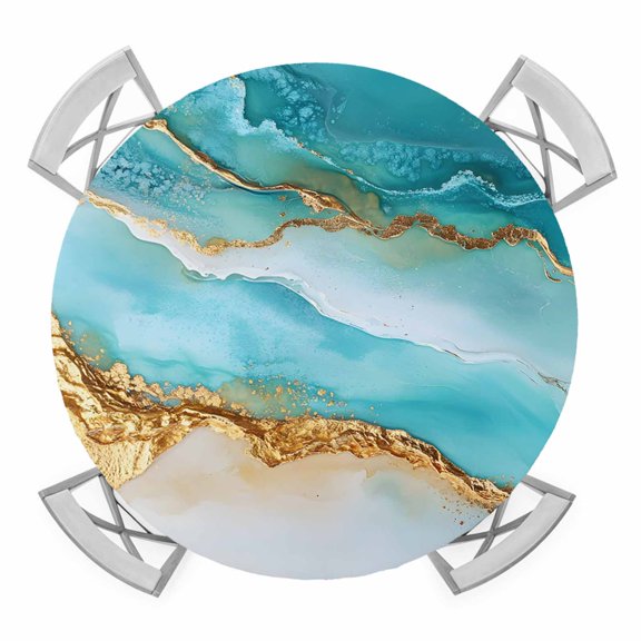 Gold Teal Ocean Waves Elastic Fitted Round Table Cover Abstract Waterproof Outdoor Tablecloth for Holiday Party, Picnic, Patio & Dining Fits Tables Up to 36"-44"