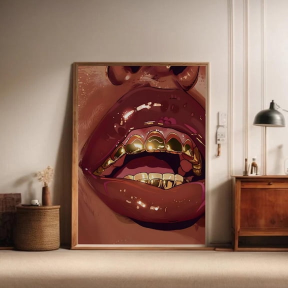 Gold Teeth Pop Art Poster Glamorous Lip Illustration, Modern Wall Decor Unframed Paper Print
