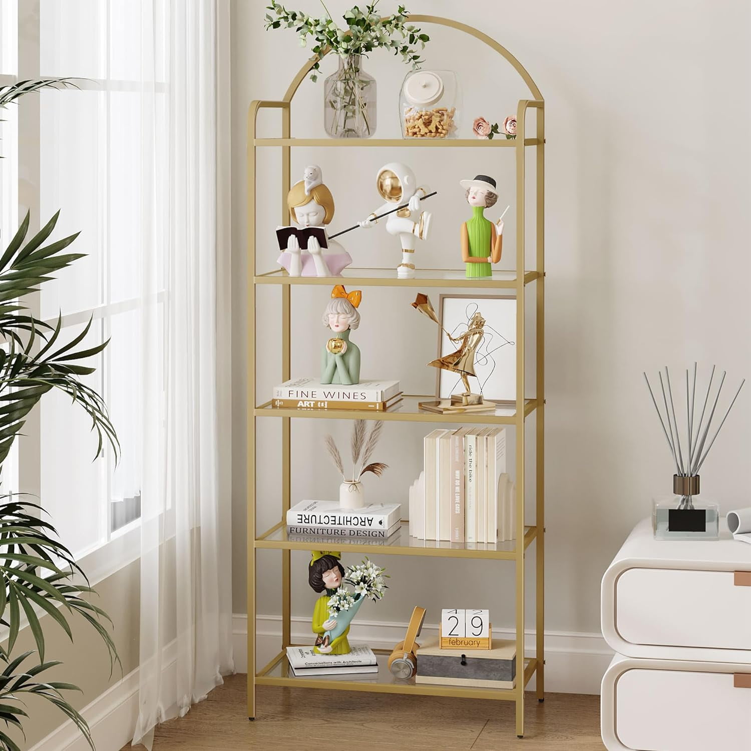 Gold 5-Tier Adjustable Tempered Glass Bookcase