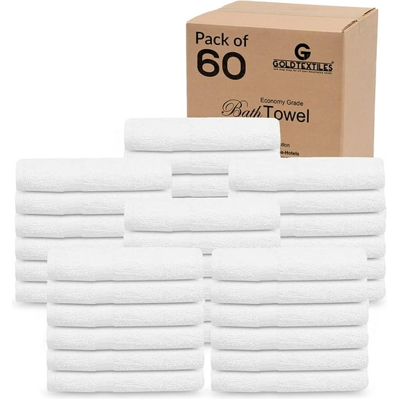 Gold Textiles 60 Pack White Hotel Bath Towels Bulk 20x40 Inches - Cotton Blend Economy Cheap Bath Towel for Uses, Gym, Salon, Spa & Hair - Lightweight Quick Dry (60 Pcs White)