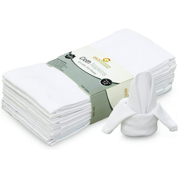 Gold Textiles Cloth Napkins 18x18 Inches White 12 Pack Dinner Napkins, Poly Cotton Soft & Reusable