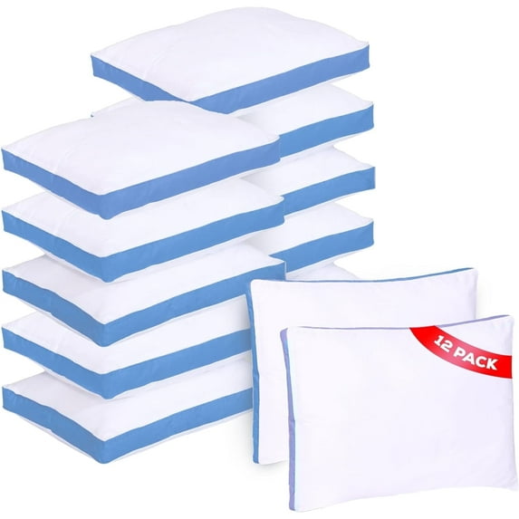 Gold Textiles King Bed Pillows 18x36 Set of 12 Gusseted Design Polycotton White with Blue Stripe Soft & Supportive for Sleeping