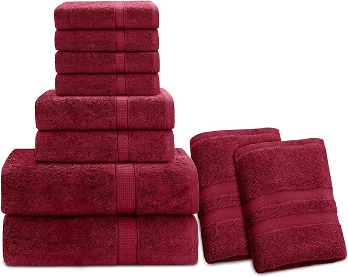 Gold Textiles Luxury 10 Piece Towel Set (Bath Mat 27x54, Hand Towel 16x30, Washcloth 13x13, Bath Mat 22x34) Ultra Plush Absorbent Cotton Towels For Bathroom (Red, 10 Piece Towel Set)