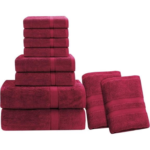 Gold Textiles Luxury 10 Piece Towel Set (Bath Mat 27x54, Hand Towel 16x30, Washcloth 13x13, Bath Mat 22x34) Ultra Plush Absorbent Cotton Towels For Bathroom (Red Wine, 10 Piece Towel Set)