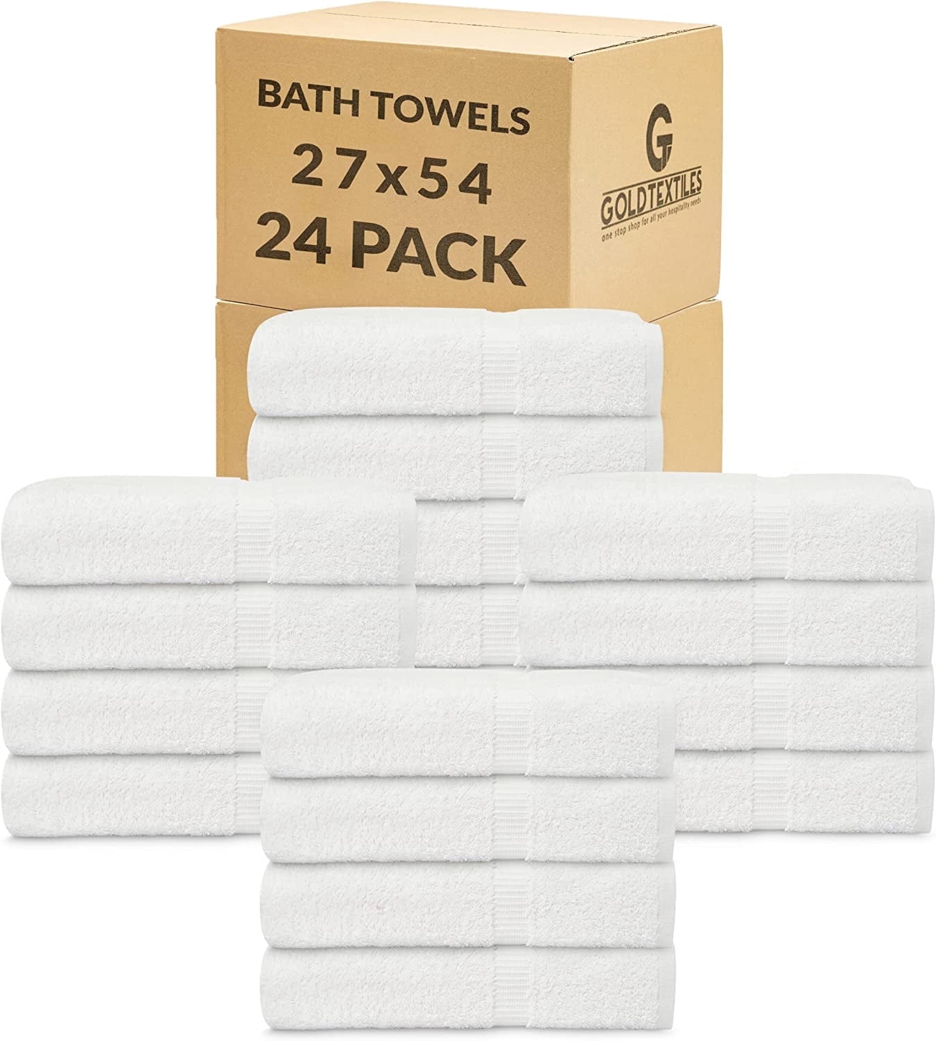Gold Textiles Premium Bath Towel 27x54 Large White 24 Pcs Ring Spun Cotton Hotel Spa Beach & Resort