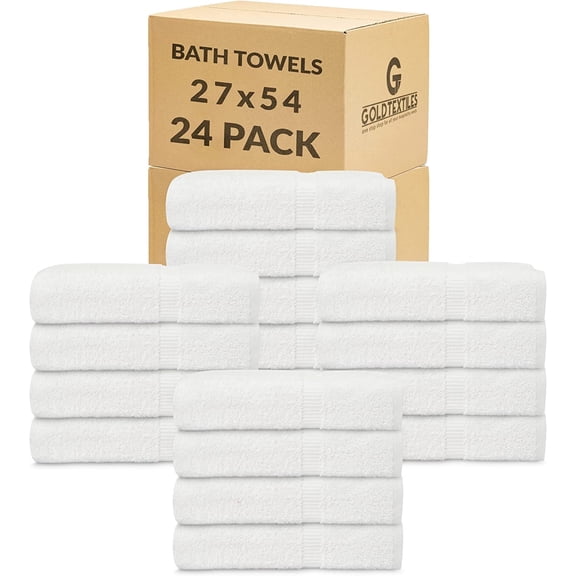 Gold Textiles Premium Bath Towel 27x54 Large White 24 Pcs Ring Spun Cotton Hotel Spa Beach & Resort