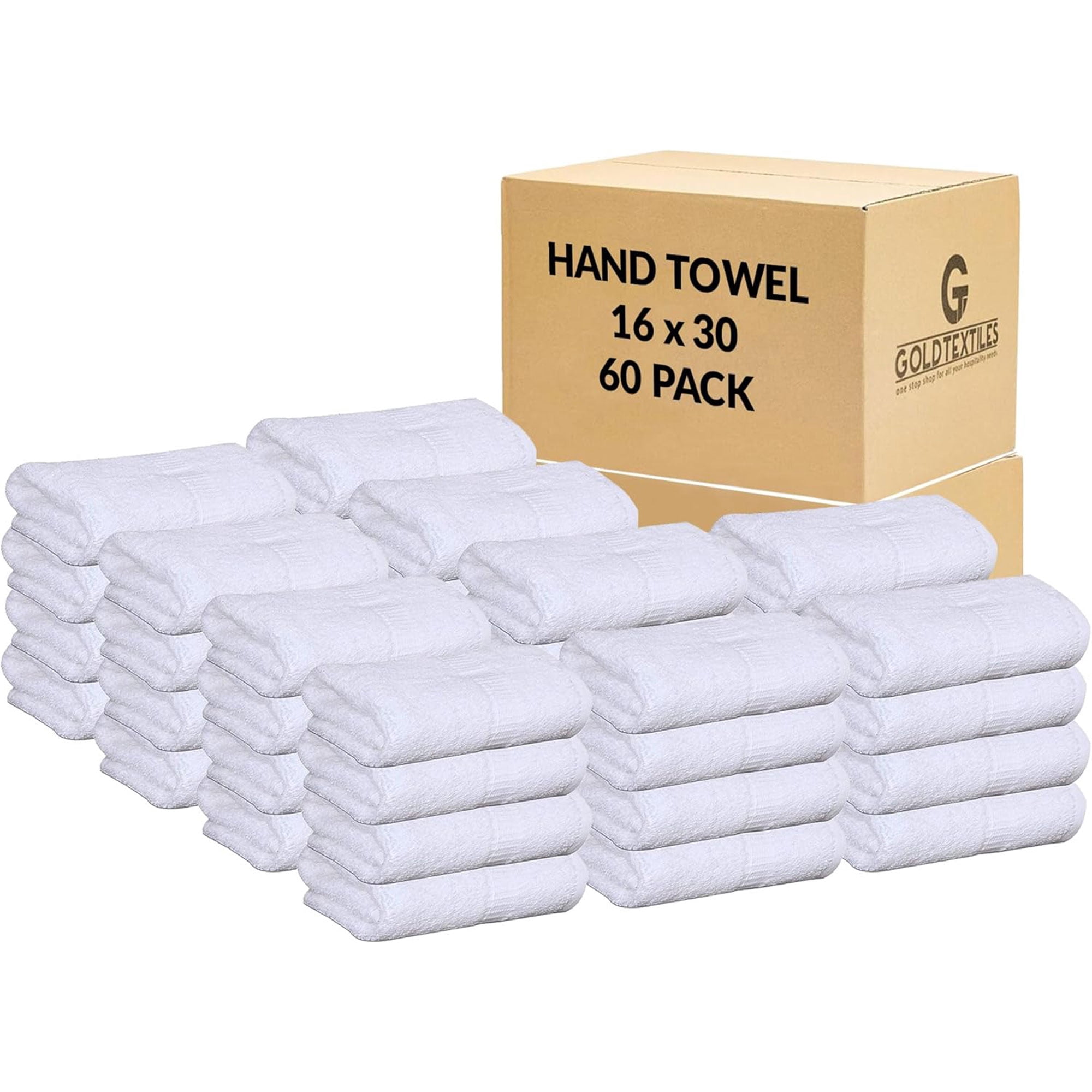 Gold Textiles Premium White Hand Towels 16x30 inches Ring Spun Cotton 60 Pack for Bathroom Towel Set