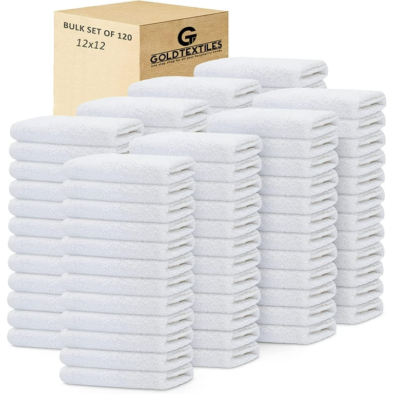 GOLD TEXTILES Pack of 48 Wash Cloths Kitchen Towels, Cotton Blend (12x12  Inches) Commercial Grade Rags, Washcloth for Bathroom (48, White)