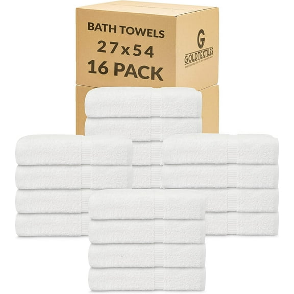 Gold Textiles White Bath Towel 16 Pack 27x54 Inch 100% Ring-Spun Cotton Hotel Spa Soft & Absorbent
