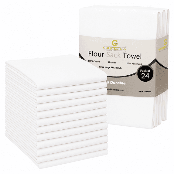 Gold Textiles White Flour Sack Towels 24 Pack Cotton Kitchen Towels 28x28 inches Multipurpose