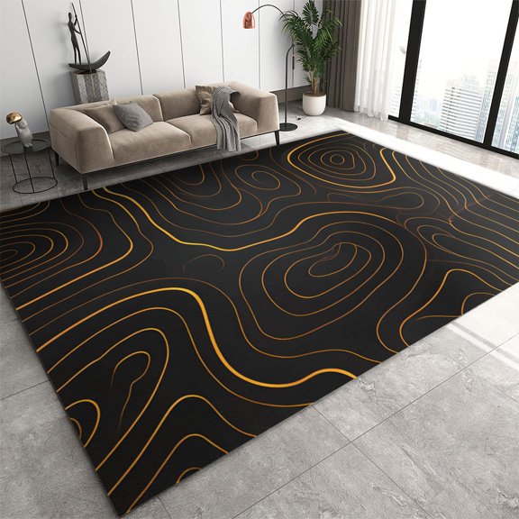 Gold Texture Swirl Area Rugs, Irregular Burnt Orange Geometric Lines Rugs For Bedroom, Simple Abstract Aesthetic Floor Mats For Living Room Hardwood Floors Teen Roomt