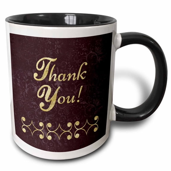 3drose, Gold Thank You on Maroon Damask Design, 11oz Two-tone Black Mug