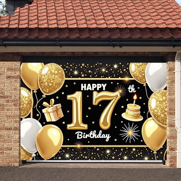 Gold Theme 17th Birthday Banner Black Background  Display Golden Balloons Gift Box Design 17th Party Backdrop for 17th Birthday Party Teenager Celebration Indoor Party
