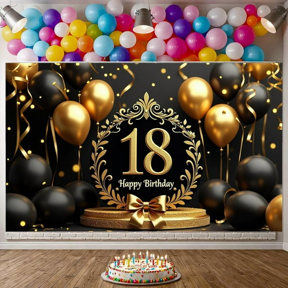 Gold Theme 18th Birthday Banner Black Background Banner Glitter Balloons Golden Ribbons Party Decoration Banner for 18th Birthday Party Adult Birthday Celebration Coming of Age Party