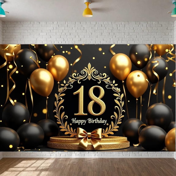 Gold Theme 18th Birthday Banner Black Background Banner Glitter Balloons Golden Ribbons Party Decoration Banner for 18th Birthday Party Adult Birthday Celebration Coming of Age Party