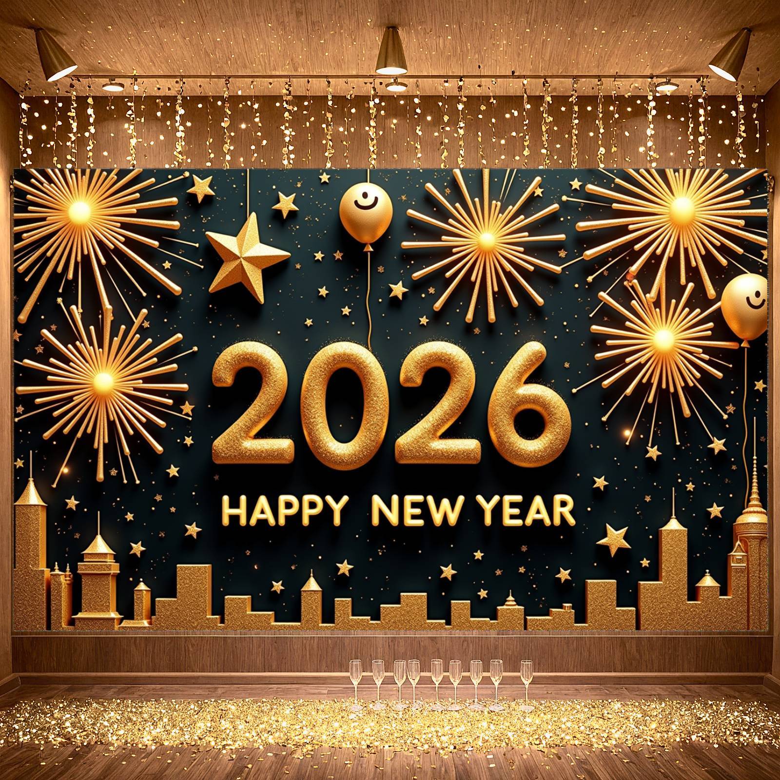Gold Theme 2026 Banner Fireworks Design Happy New Year Banner Star ...