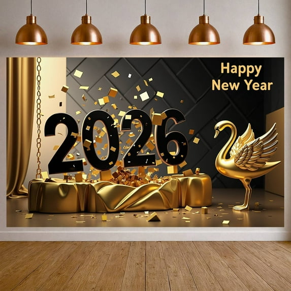 Gold Theme 2026 New Year Banner Golden Balloons Happy New Year Display Firework Design Star Patterns 2026 Celebration Background for New Year Party 2026 Celebration Indoor Decoration