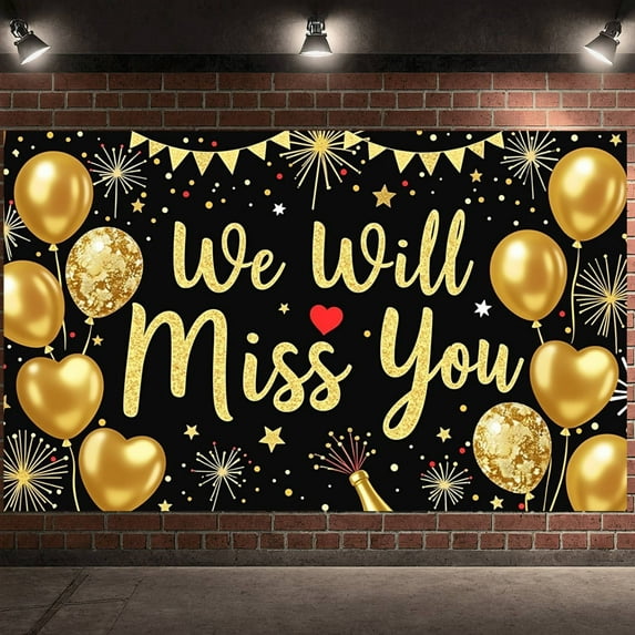 Gold Theme Farewell Banner Glitter Send-off Backdrop Heart-shaped Balloons Firework Decorations We Will Miss You Background for Farewell Party Send-off Event Memorial Gathering