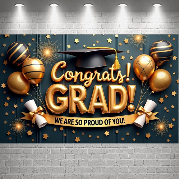 Gold Theme Graduation Banner Black Accent Grad Party Backdrop Graduation Cap Design Diploma Decoration Graduation Display for Graduation Ceremony Grad Party Photo Shoot