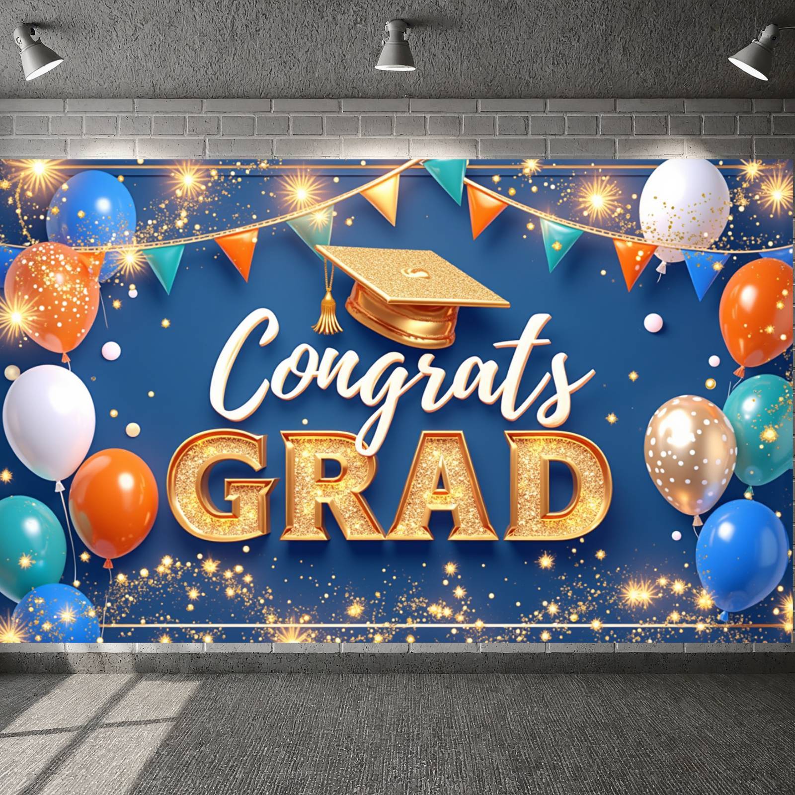 Gold Theme Graduation Banner Colorful Balloons Grad Backdrop Glittery ...