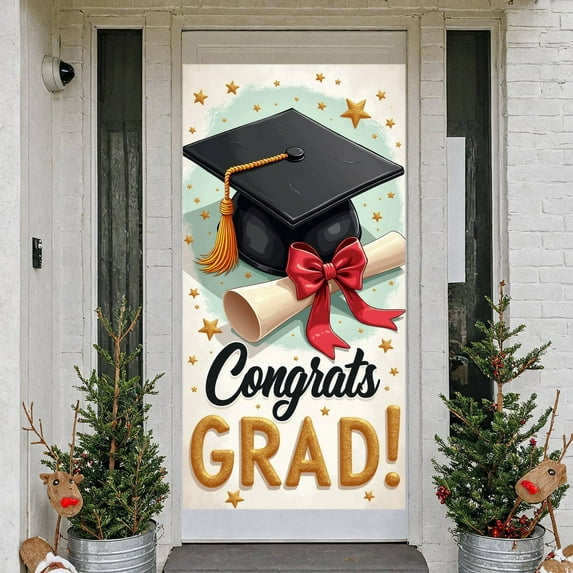 Gold Theme Graduation Banner Graduation Cap Design Graduation Backdrop Red Curtain Golden Tassel Grad Event Display for Graduation Party Graduation Ceremony Photo Backdrop