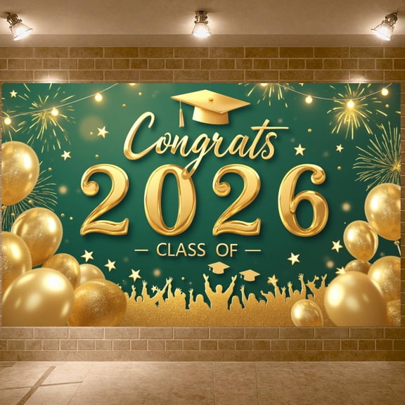 Gold Theme Graduation Banner Green Background Class of 2026 Banner Graduation Cap Design Golden Balloons Grad Party Backdrop for Graduation Ceremony Class of 2026 Party Grad Photo Shoot