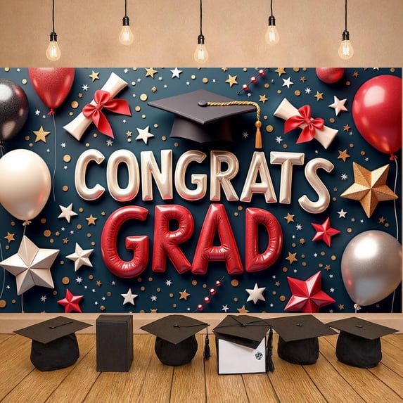 Gold Theme Graduation Banner Pink White Balloons Grad Party Backdrop Star Decor Graduation Cap Design Graduation Background for Graduation Party College Graduation Photo Shoot