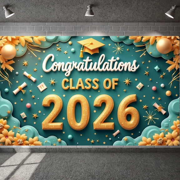 Gold Theme Graduation Banner Teal Background Congratulation Backdrop Graduation Cap Design Diploma Decoration Grad Event Display for Graduation Ceremony Class of 2026 Party Graduation Photo Shoot