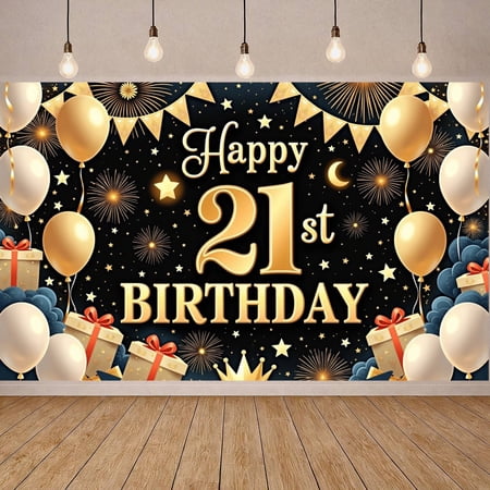 Gold Theme Happy 21st Birthday Banner Star Pattern 21st Birthday Display Firework Design Gift Box Decor Birthday Celebration Backdrop for 21st Birthday Party Young Adult Celebration Indoor Party