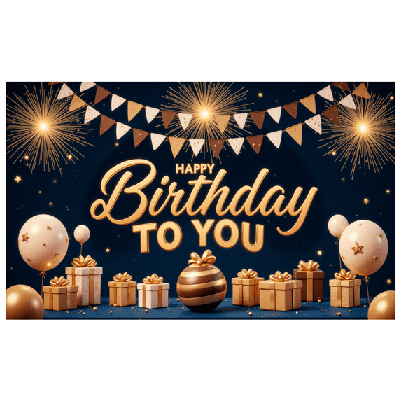 Gold Theme Happy Birthday Banner Decorative Fireworks Balloon Design Celebration Backdrop Durable for Birthday Party Indoor Decoration Holiday Celebration