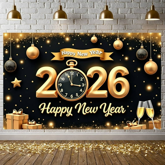Gold Theme Happy New Year Banner Black Background 2026 New Year Display Clock Design Gift Boxes New Year Backdrop for New Year Party Holiday Celebration New Year Eve