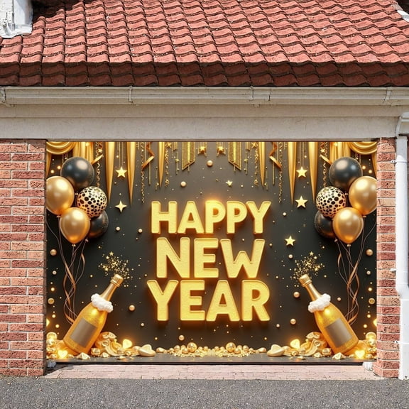 Gold Theme Happy New Year Banner Black Background Festive Display Golden Stars Balloon Decor Holiday Backdrop for New Year Party Holiday Celebration Indoor Decoration