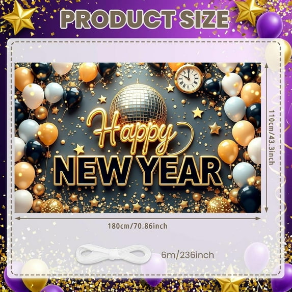 Gold Theme Happy New Year Banner Black White Accent New Year Party Banner Disco Colorful Balloons Celebration Banner for New Year Party Indoor Celebration Holiday Event