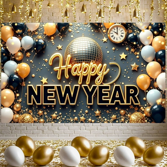 Gold Theme Happy New Year Banner Black White Accent New Year Party Banner Disco Colorful Balloons Celebration Banner for New Year Party Indoor Celebration Holiday Event