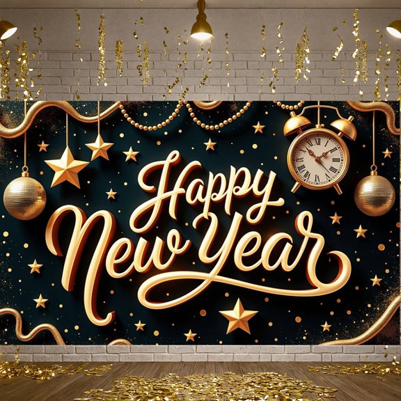 Gold Theme Happy New Year Banner Festive New Year Display Star Decor Clock Ornament Festive Backdrop for New Year Party Holiday Celebration Indoor Decoration