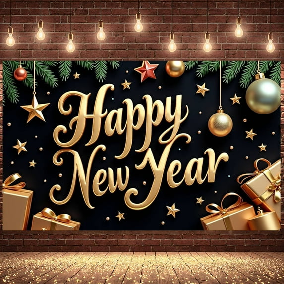 Gold Theme Happy New Year Banner Festive New Year Display Star Pattern Gift Box Design Festive Backdrop for New Year Party Holiday Celebration Indoor Decoration