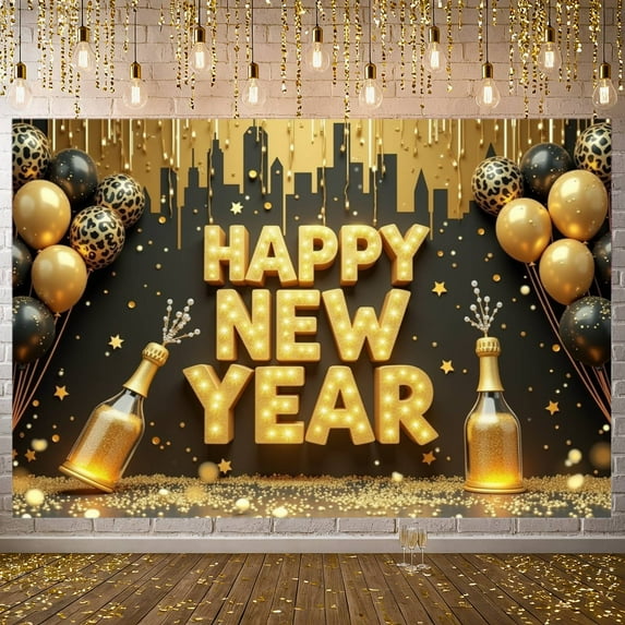 Gold Theme Happy New Year Banner Glitter Design New Year Banner Black Background Shiny Letters Celebration Banner for New Year Party Holiday Celebration Indoor Decoration