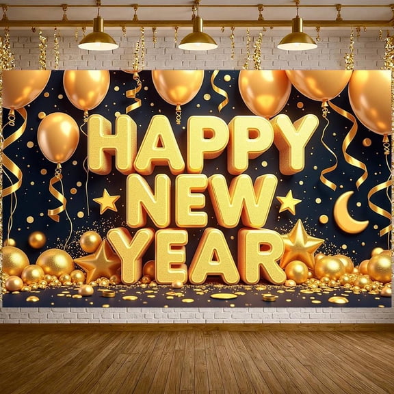 Gold Theme Happy New Year Banner Golden Balloons New Year Banner Star Decor Moon Holiday Banner for New Year Party Holiday Celebration Indoor Decor