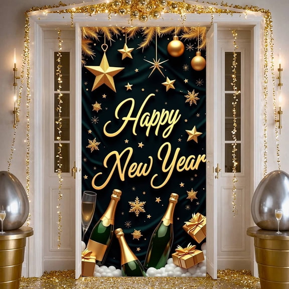 Gold Theme Happy New Year Banner Luxury New Year Banner Golden Stars Snowflakes Holiday Banner for New Year Party Holiday Celebration New Year Eve