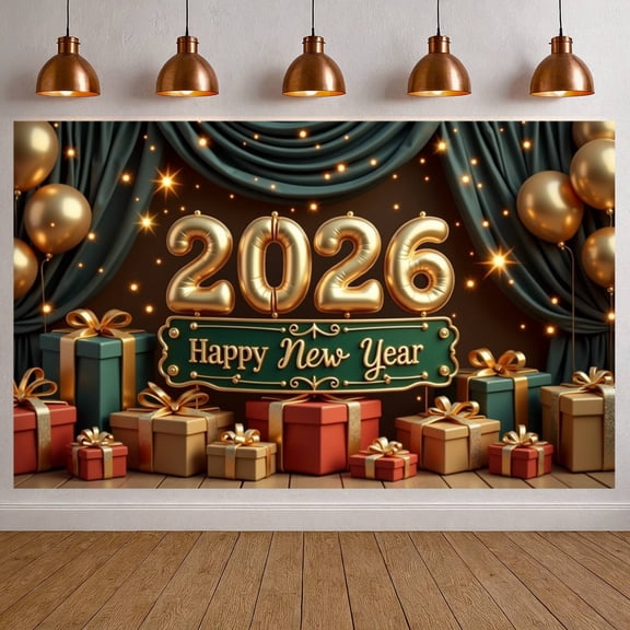 Gold Theme Happy New Year Banner Metallic Balloons 2026 New Year Display Shiny Stars Golden Curtains New Year Backdrop for New Year Party Holiday Celebration New Year Eve