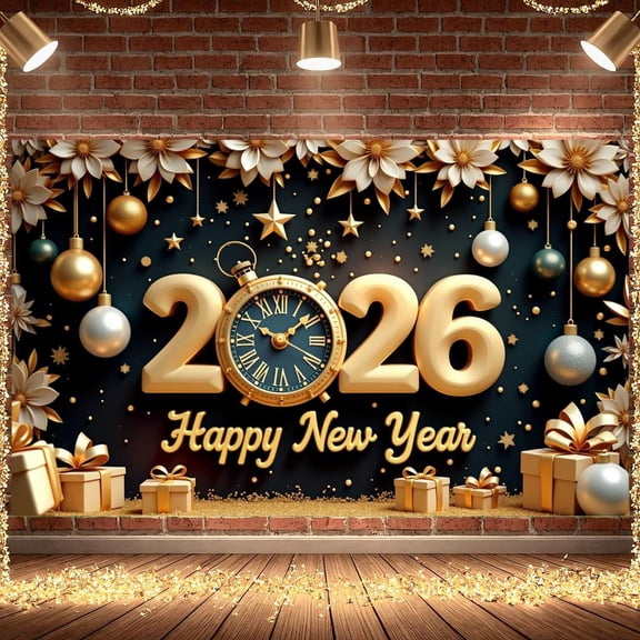 Gold Theme Happy New Year Banner Pocket Watch Decor 2026 Banner Star Elements Gift Box Decoration Holiday Banner for New Year Party Family Gathering New Year's Eve Celebration