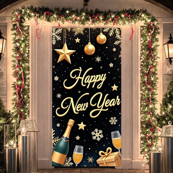 Gold Theme Happy New Year Banner Snowflake Decor New Year Banner Champagne Gift Box Design Celebration Banner for New Year Party Holiday Celebration Indoor Decoration