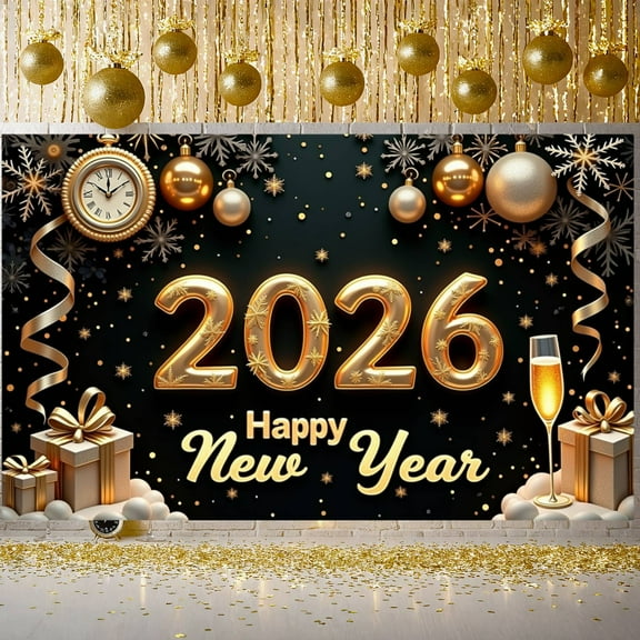 Gold Theme Happy New Year Banner Snowflake Design 2026 New Year Display Gift Decoration Champagne Festive New Year Backdrop for New Year Party New Year's Eve Family Gathering