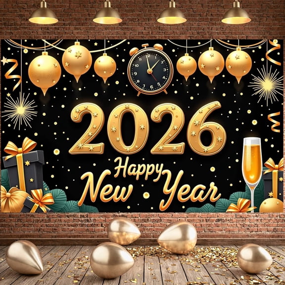Gold Theme Happy New Year Banner Star Decorated 2026 Celebration Display Clock Design Gift Box Elements New Year Backdrop for New Year Party 2026 Celebration Holiday Gathering