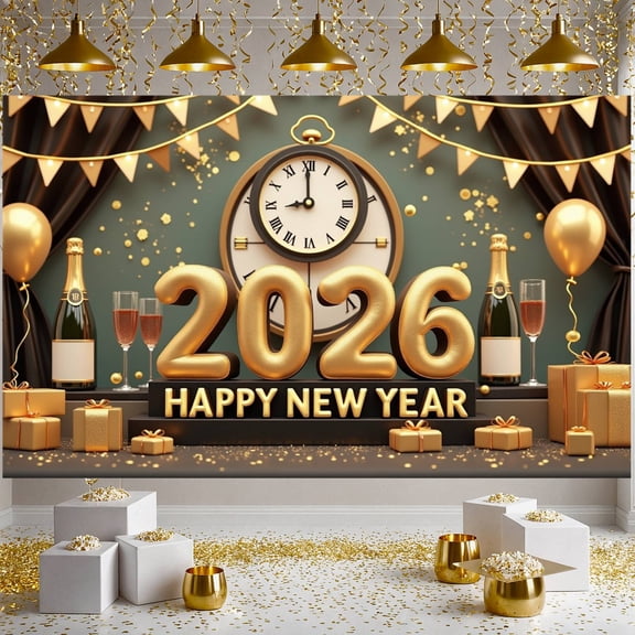 Gold Theme Happy New Year Banner Vintage Clock Design 2026 New Year Display Golden Balloons Gift Boxes New Year Backdrop for New Year Party 2026 Celebration Indoor Decoration