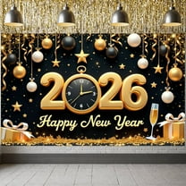 Gold Theme New Year Banner Black Background 2026 Display Star Decorations Ornament Design Happy New Year Backdrop for New Year Party 2026 Celebration Holiday Gathering